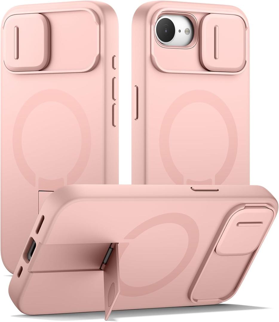 SURITCH for iPhone 17e/16e Case with Magnetic Camera Slide Cover and Adjustable Kickstand, Compatible with MagSafe, Shockproof Bumper Case Slim Protective Cover 6.1 Inch,Pink