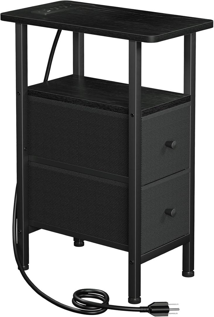 Narrow End Table Living Room with Charging Station, Skinny Side Table with Fabric Drawers, Slim Nightstand for Bedroom, Small Spaces, Couch, Black, HETNDP02BK-1