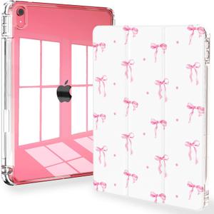 Feams for iPad (A16) 11th Generation 11 Inch Case 2025, iPad 10th Generation 10.9 Inch 2022, Slim Clear Back Cover with Pencil Holder & Auto Sleep, Pink Bow