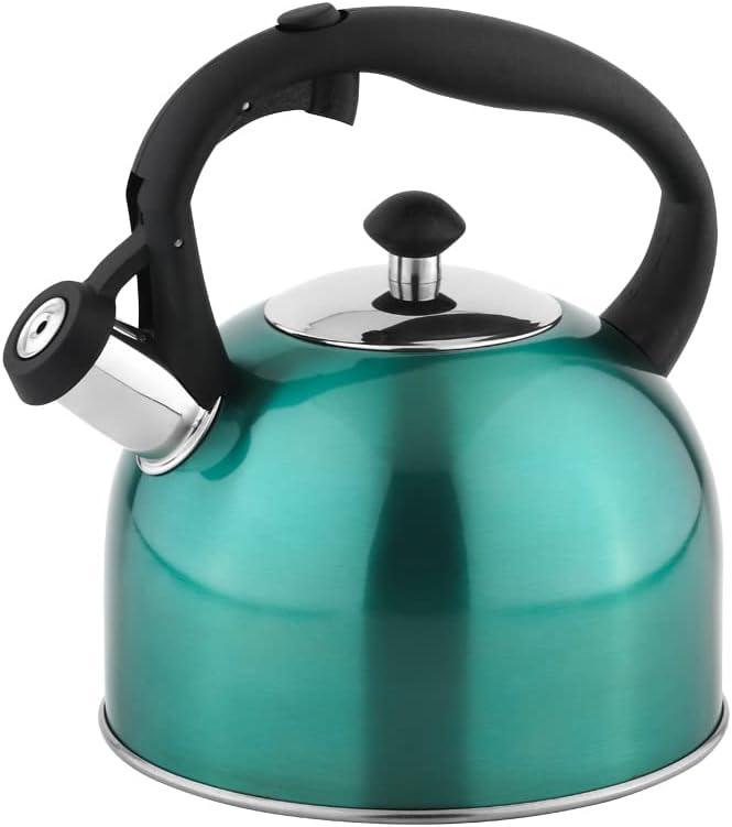 Amazon Basics Stainless Steel Tea Kettle, Hot Water Kettle with Whistle Spout, Fast Boiling, Ergonomic Handle, 2.3 Liter, Teal