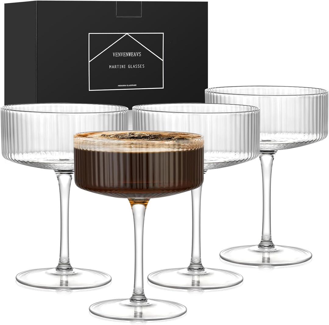 Coupe Glasses Set Of 4,Hand-blow10 Oz Vintage Cocktail Glasses,Ribbed Martini Glasses For Espresso Martini, Champagne,Cosmopolitan,Manhattan,Cocktail Party,Cocktail Glassware Gift Set
