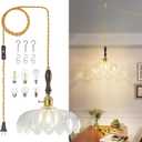 Modern Clear Plug in Glass Pendant Light Retro Flower Glass Hanging Lamp Gold Brass Decorative Adjustable Ceiling Hanging Light Suitable for Kitchen Island Bedroom Dining Room Living Room