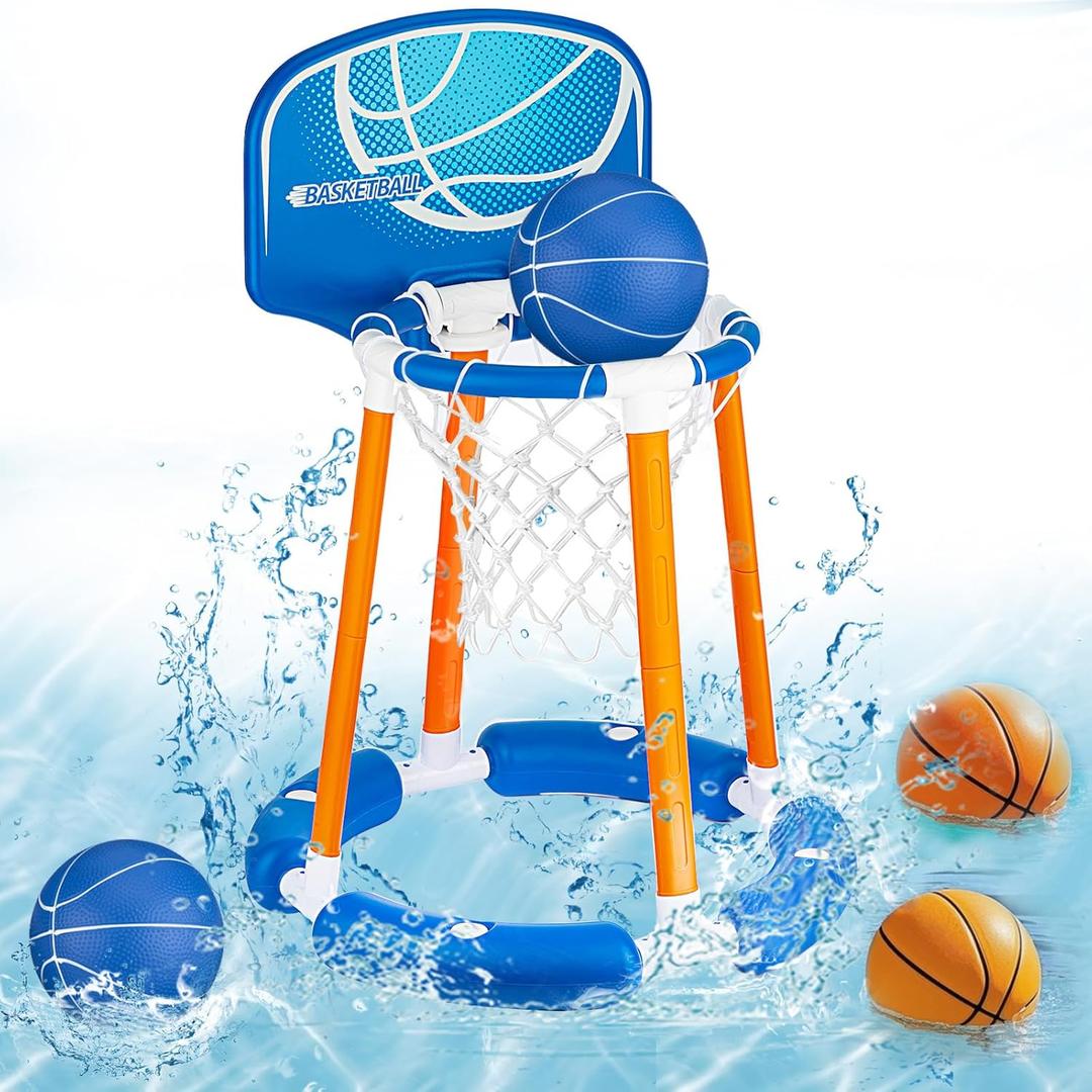 Pool Basketball Hoop with Backboard, Floating Pool Toy for Kids, Inflatbale Basketball Outdoor Toys with 4 Balls & Pump for Swimming Pool, Water Summer Toy for Kids Adults, Blue