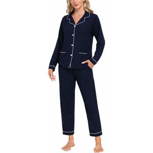 MoFiz Womens Pajamas Set 2 Piece Button Down Pjs Soft Long Sleeve Top and Pants Sleepwear Set V Neck Drawstring Elastic Waist Lounge Sets Navy M