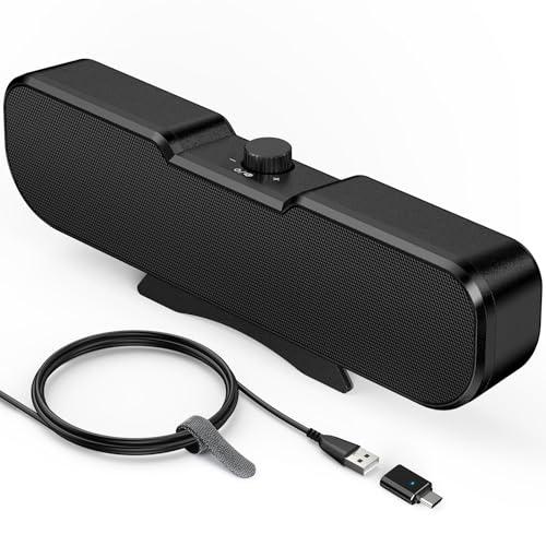 Cirqon Computer Speakers for Desktop PC, Easy Volume Knob, Sturdy Clamp, Basic Sound, Laptop Speakers with Compact Design, USB/USB C Adapter for Power and Audio(Black)