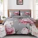 Dobuyly Pink and Grey Comforter Set Queen Size 7 Piece Bed in a Bag, Floral Printed on Gray Comforter Set with Sheets, Soft Microfiber Botanical Complete Bedding Set for All Season