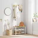 Hall Tree with Bench and Shoe Storage, 3-in-1 Coat Rack Shoe Bench, Freestanding Wooden Coat Rack with Metal Frame, 3-Tier Storage Shelf and 9 Removable Hooks, White/Walnut