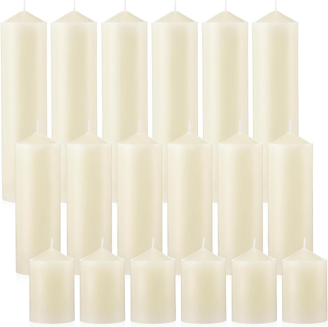 MTLEE 18 Pcs Set of 3 Pillar Candles Bulk 2 in x 3, 6, 8 Long Burning Clean Unscented Smokeless Pillar Candles for Wedding Emergency Lanterns Ceremony Party(Ivory White)