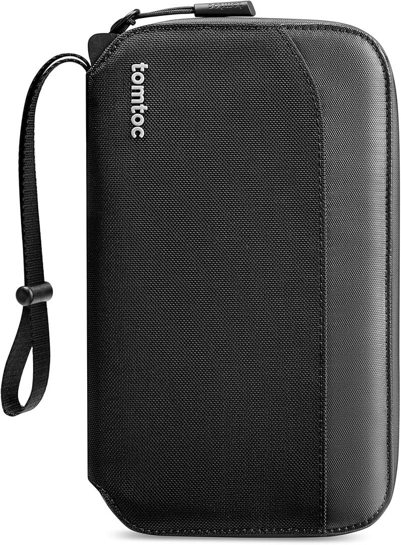 tomtoc Passport Holder Family with RFID Blocking, Passport Wallet Women Men, with Airtag & Sim Card Holder and Eject Pin, Travel Document Organizer with Wrist Strap, Up to 4 Passports, Water-resistant (Black)