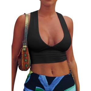 AEPEBO Sexy Crop Tops for Women Deep V Neck Back Cutout Sleeveless Plunge Racerback Tank Cropped Top (Medium, Black)