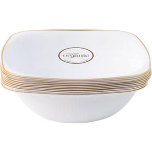 PLASTICPRO White Plastic Organic Party Square Soup bowls White With Gold Rim Elegant Disposable Tableware Dishes 16 OZ 32 Count