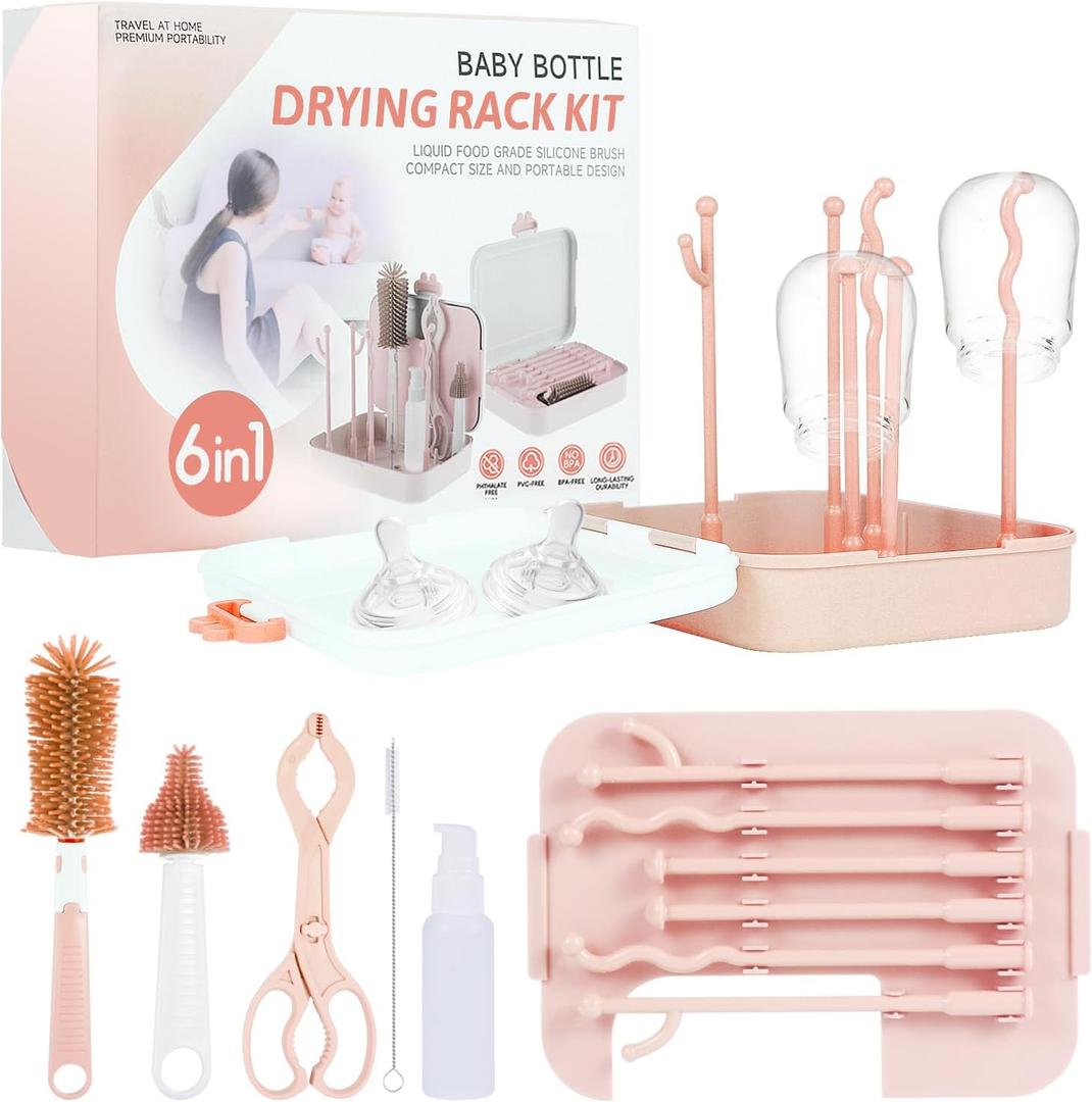 Travel Bottle Cleaner Kit, Baby Travel Essentials with Bottle Drying, Silicone Brush, Nipple Cleaner, Clip, Straw Brush, Soap Dispenser, Storage Boxack (Pink)