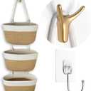 3-Tier Decorative Cotton Rope Hanging Basket, Wall-Mounted Woven Storage Organizer Bag, White + Jute
