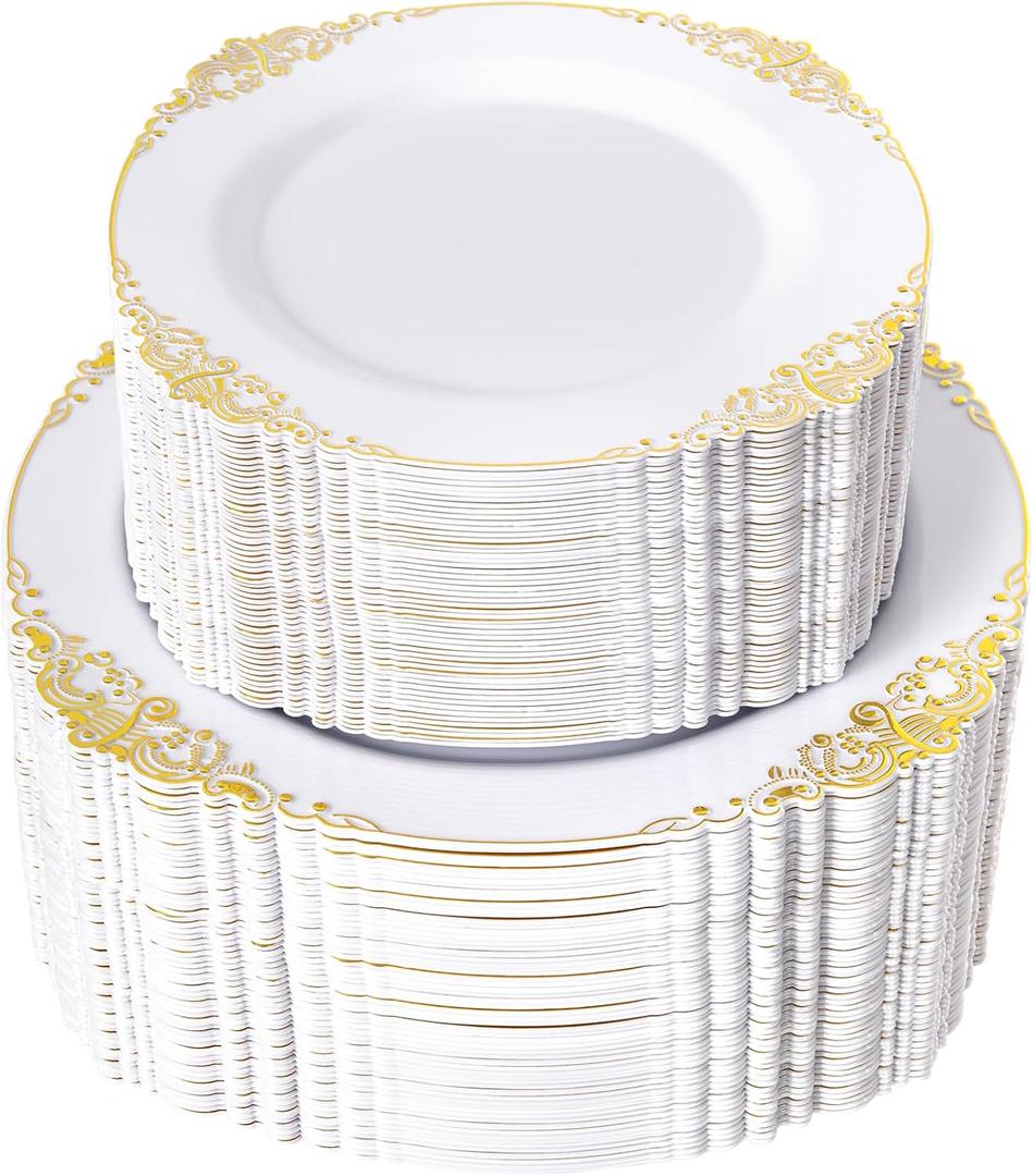 200PCS White and Gold Plastic Plates - Gold Disposable Plates - Gorgeous Wedding Plate 10inch Dinner & 7.25inch Dessert Plate for 100 Guests for Wedding & Party