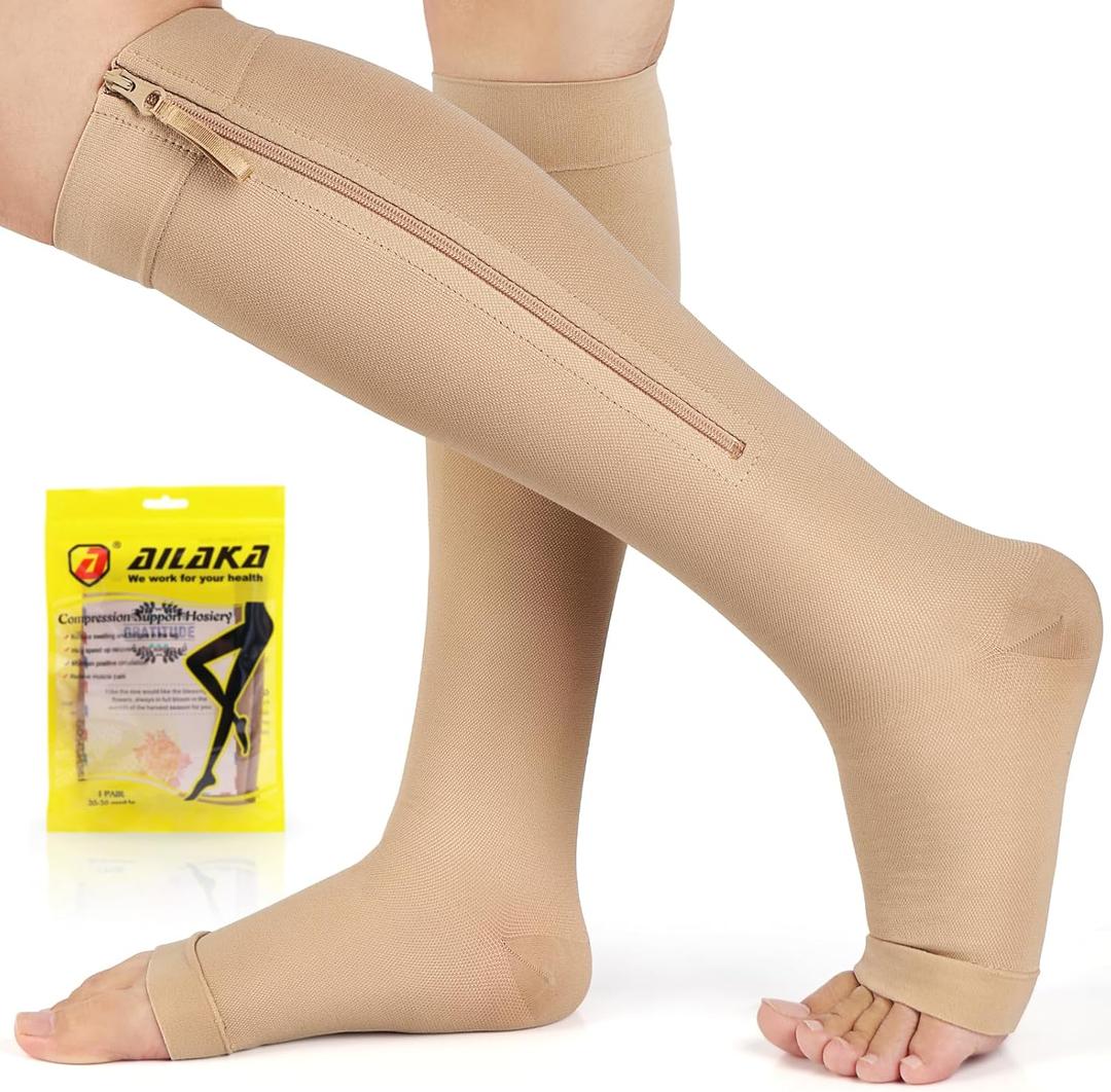Ailaka Zipper Compression Socks for Women Men, 20-30 mmHg Open Toe Compression Socks Knee High, Ted Hose Compression Stockings for Edema, Varicose Veins