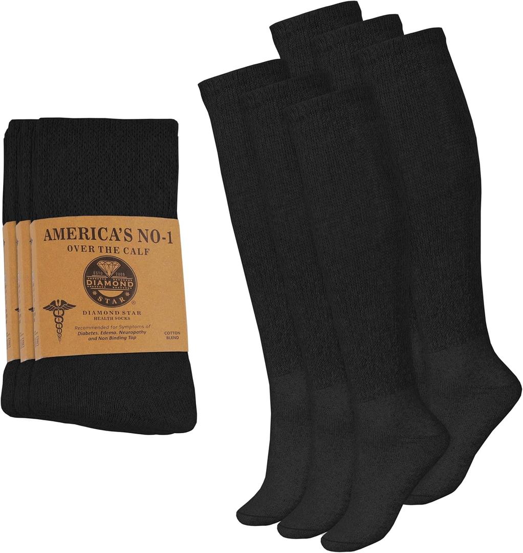6 Pairs Diabetic Socks Over The Calf - Knee High Premium, Cotton Socks Men's Size 10-13 Big & Tall Size 13-16.