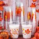 Meanplan 100 Pcs Thanksgiving Plastic Cups Bulk 12oz Fall Disposable Cups Autumn Pumpkin Leaf Turkey Clear Drinkware Tumblers Coffee Juice Wine Glasses Harvest Wedding Party Supplies(Maple)
