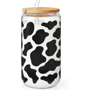 SANDJEST Cow Glass Can, Cow Prints Cup with Lid & Straw, Iced Coffee Aesthetic Cups, Idea Gift for Christmas Birthday Mother Day, Gifts for Women, 16oz