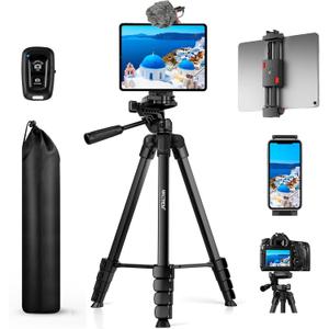 MACTREM iPhone iPad Tripod Stand, 67" Phone Tripod for iPhone iPad Tablet Camera with 2 in1 Holder Remote Carry Bag, Aluminum Extendable iPhone Stand for Video Recording/Selfies/Live Stream/Vlogging (Black)