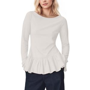 Womens Long Sleeve Peplum Tops Cute Ruffle Flowy Babydoll Shirts Fall Casual Pleated Crew Neck Tunic Tees (White)