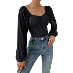 SURRO Women's Bodysuit Shirts Elegant Puff Long Sleeve Leotard Blouses Belly Hiding Tops Hook Closure