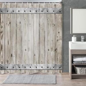 Rustic Farmhouse Shower Curtain, Wood Plank Wooden Gray Shower Curtains Liner Set, Grey Shower Curtains Bathroom Curtain with Hooks 72x72inch