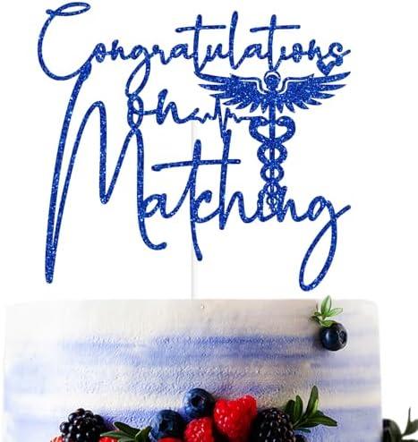 Pack of 3, Blue Glitter Congratulations on Matching Cake Topper, Happy Match Day/It's A Match, Funny 2025 Match Day Doctor Graduation Party Decorations Supplies