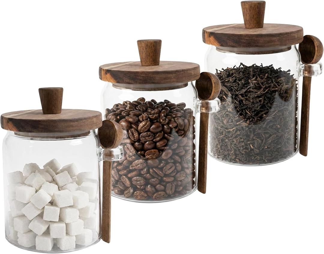 Set of 3 Glass Jars Containers with Wooden Lids and Scoop Clear Canister Jars Set with Spoon for Kitchen Food Storage Coffee Tea Sugar Decorative Countertop Organization Jars 31 oz (3)