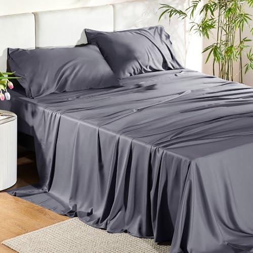 Bedsure King Size Sheets Set, Cooling Sheets for Hot Sleepers, Rayon Derived from Bamboo, Breathable & Soft, Deep Pocket Up to 16 Inches, Hotel Luxury Silky Bedding, Dark Grey