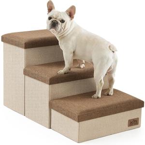Dog Stairs with Storage, 3-Step Wider Sturdy Dog Steps for Small/Medium/Large Dogs and Older Cats, Folding Doggie Ramp for Bed/Couch/Car Hold Up to 180 lbs (16.7" H, Brown)