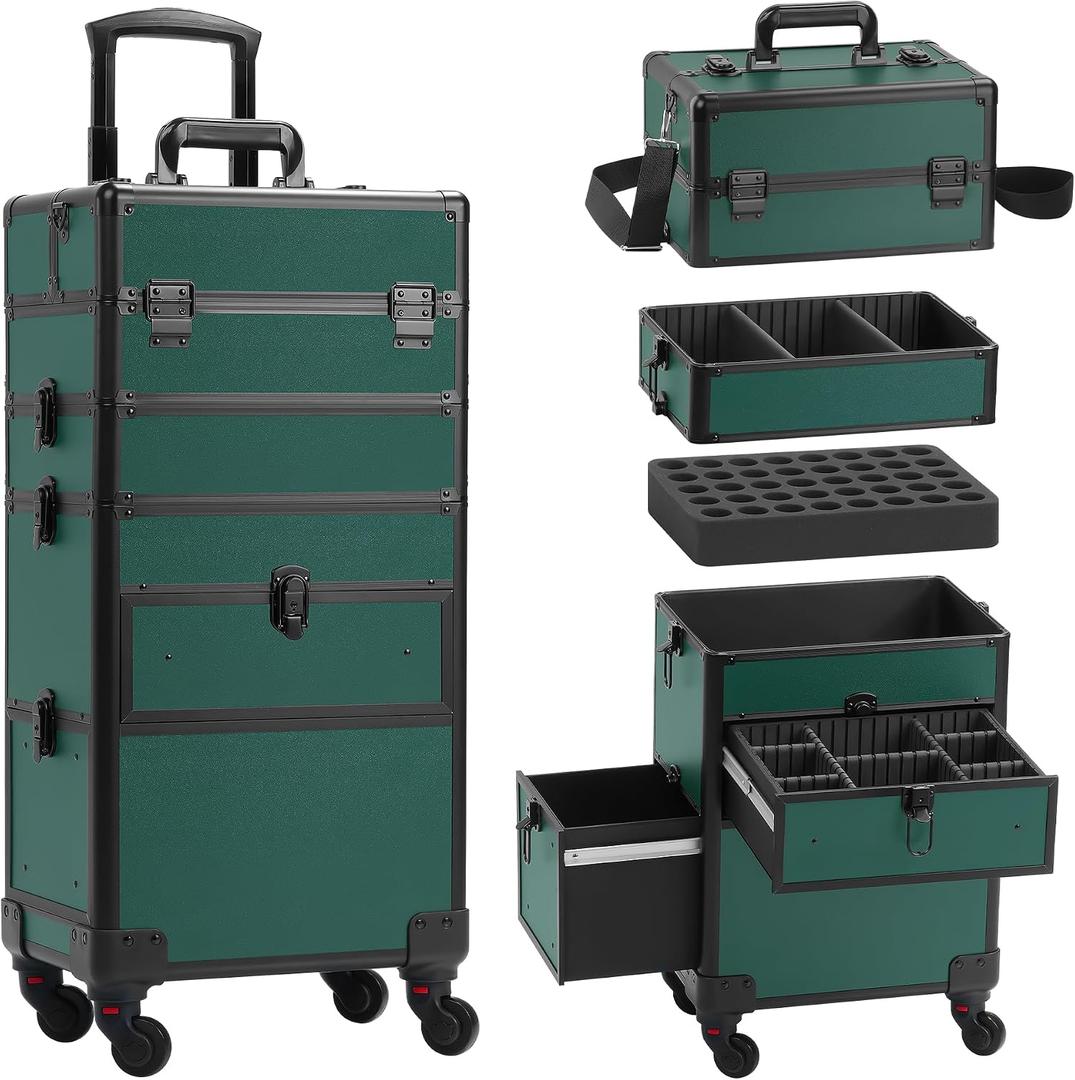 Somduy Rolling Makeup Case with Drawer, Makeup Train Case, 4 in 1Cosmetology Case on Wheels, Christmas Gift, Large Makeup Case Organizers, Profesional Cosmetic Case for Salon Barber, Green (EXP 05/12/27)