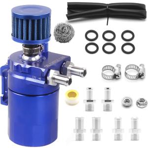 muge racing Universal Oil Catch Can Tank Kit Polish Baffled Reservoir with Breather Filter with 3/8" Fuel Line, Aluminum, Blue, 400ml