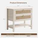 SICOTAS 26.7" Wide Boho Rattan Nightstand, White Oak Bedside Table with 2 Drawers & Open Shelf, Large Side Table for King Size Bed, Modern Coastal Accent Table for Bedroom