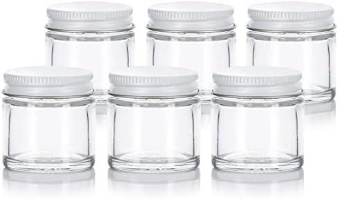 (6 pack) 1 oz / 30 ml Clear Thick Glass Straight Sided Jar with White Metal Airtight Lid