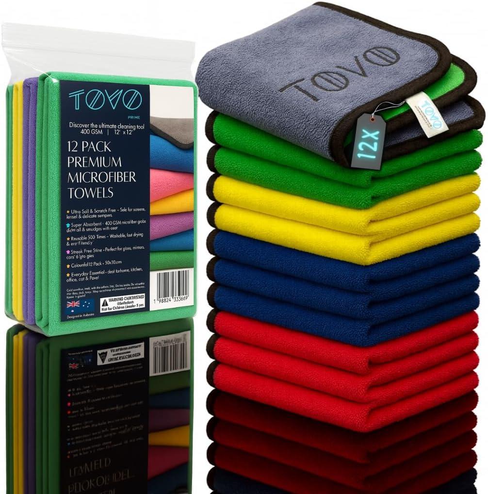 Microfiber Kitchen Towels | 12"x12" Kitchen Cloths | Australian Designed |12 Pack 400 GSM Cleaning Cloths | Cleaning Towels | Ultra-Soft, Scratch-Free, Reusable, Super Absorbent