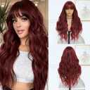 Burgundy Wig for Women, Long Red Wavy Wig with Bangs 26 Inch Wigs Natural Looking Heat Resistant Synthetic Wig for Daily Party Use