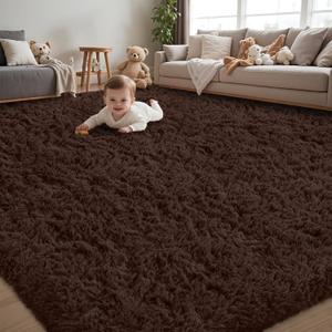 5x8 Area Rug for Living Room:Ultra Soft Fluffy Shag Brown Rugs,Large Fuzzy Plush Indoor Non Slip Carpet Washable Rug for Bedroom Kids Nursery Office Dorm Modern Decor(Brown 5'x8')