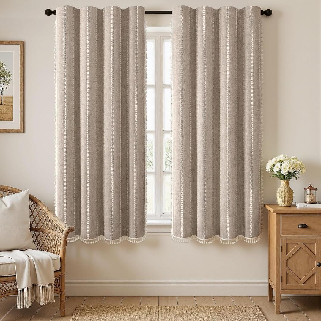 Brown Boho Blackout Curtains 2 Panels 63 Inch for Living Room Bedroom, Warm Taupe Linen Texture Farmhouse Curtains with Tassels and White Cotton Embroidery Vintage Rustic Country Western
