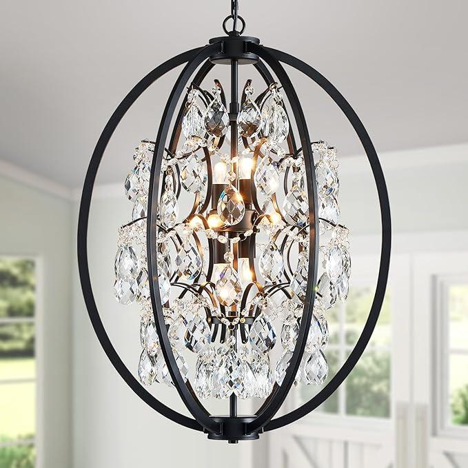 WUZUPS Globe Crystal Chandelier Raindrop Pendant Flushmount Ceiling Light Modern Lighting Fixture for Bedroom Hallway Bar Kitchen Bathroom, H 23.6" x W 19.7", Black, 8 E12 Base