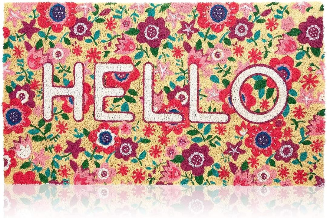 Juvale Natural Coir Welcome Mat - Floral Hello Design & Spring Decor - High Pile Comfort for Spring Door Mat - Coir Construction & Outdoor Doormat - 17 x 30 in, Coco