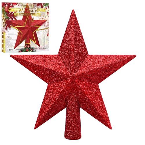 Aneco Red Glitter Mini Christmas Tree Topper Shatter-Proof 8 Inch Christmas Tree Decoration Treetop for Holiday Ornament or Home Decor