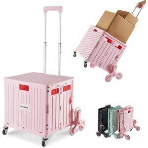MACOPRO Foldable Utility Cart with Stair Climbing Wheels, Collapsible Rolling Crate with Telescoping Handle, Folding Shopping Trolley Handcart Grocery Book File Tool Teacher Storage Basket (Pink)