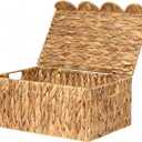Wicker Basket with Scalloped Edge Lid, Water Hyacinth Storage Basket with Built-in Handles, Handwoven Wicker Box for Living Room, 15" L x 11 " W x 7" H