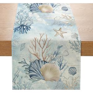 Coastal Sea Shell Starfish Table Runner 13x72 Inch Summer Ocean Beach Kitchen Dinning Table Decoration for Indoor Outdoor Home Party Dcor