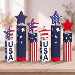 Tradder 6 Pcs 4th of July Table Decor Patriotic Wooden Red White Blue Firework Decor 250th Anniversary Independence Day Memorial Day Wood Sign Centerpieces Tiered Tray Decoration for Home Office Table