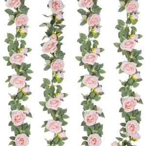 TELDRASSIL 4Pcs(26 FT) Artificial Rose Vine Fake Flower Garland Fake Silk Rose Hanging Vine for Wedding Party Background Arch Garden Background Decoration (Pink), 6.5 Ft/200 Cm