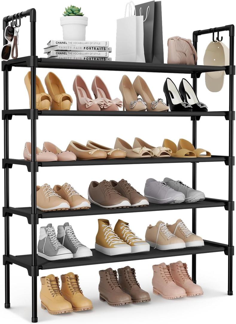 LANTEFUL 5 Tier Shoe Rack for Closet Shoe Organizer with 5 Hooks, Long Shoe Shelf Storage for Shoe and Boot Stackable Free Standing Shoe Rack for Entryway, Garage, Small Spaces, Dorm, Black