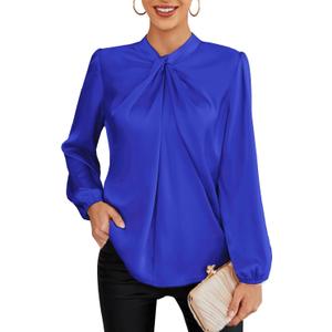 GRACE KARIN Women's Long Sleeve Shirts Mock Neck Casual Satin Blouse Tops for Business Office Work (XX-Large, Royal Blue)