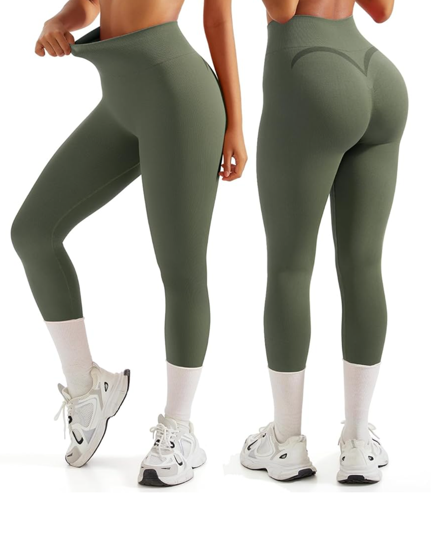 OMKAGI Smile Butt Lifting Workout Leggings for Women High Waisted Seamless Compression Yoga Pants XL, Army Green