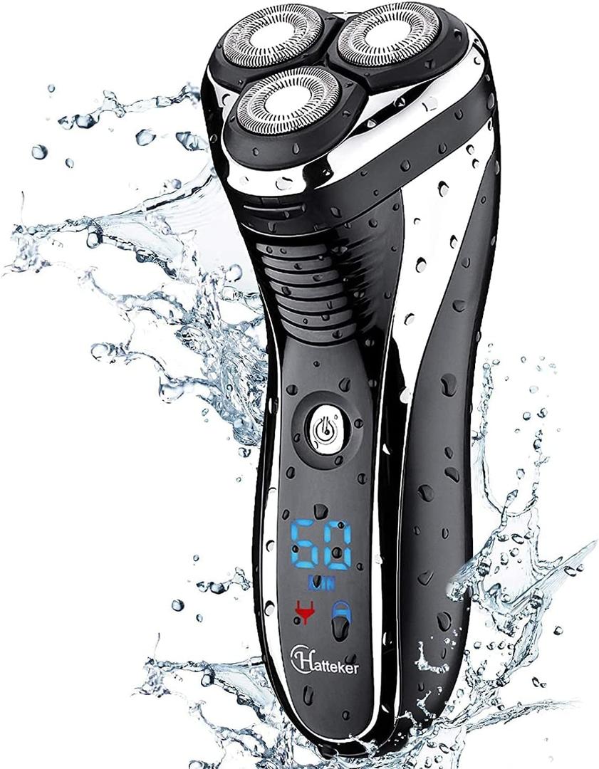 Hatteker Men's USB Rechargeable Electric Shaver Cordless Rotary Wet and Dry Beard Pop-Trimmer, Black